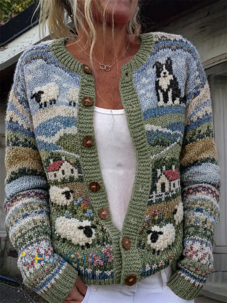 Kvinnors Vintage gräns Collie & Får Gård Landskap Isle Print Cardigan-Style Stick Jacka - grönt / S