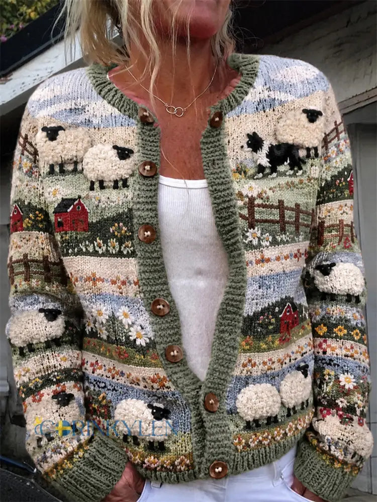 Kvinnors Vintage gräns Collie & Får gård Landskap Skriv ut Mysig Cardigan - grönt / S