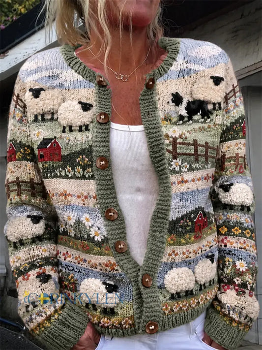 Kvinnors Vintage gräns Collie & Får gård Landskap Skriv ut Mysig Cardigan - grönt / S