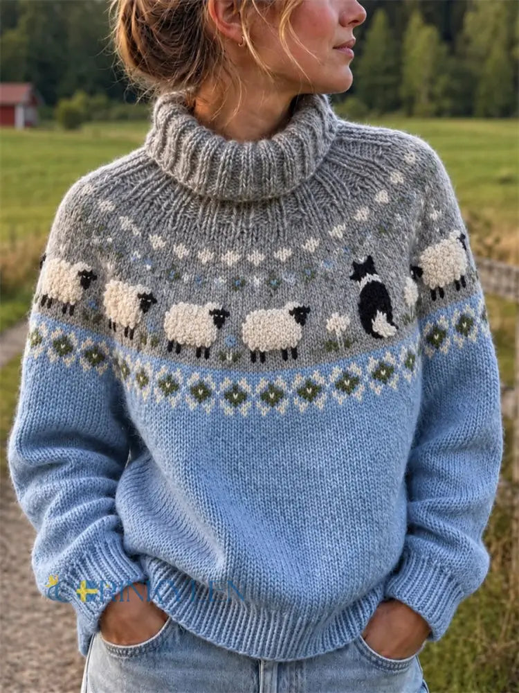 Kvinnors Vintage gräns Collie & Fuzzy Får Isle Mönster Turtleneck tröjar - blå / S