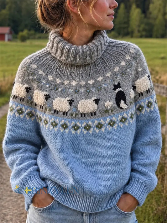 Kvinnors Vintage gräns Collie & Fuzzy Får Isle Mönster Turtleneck tröjar - blå / S