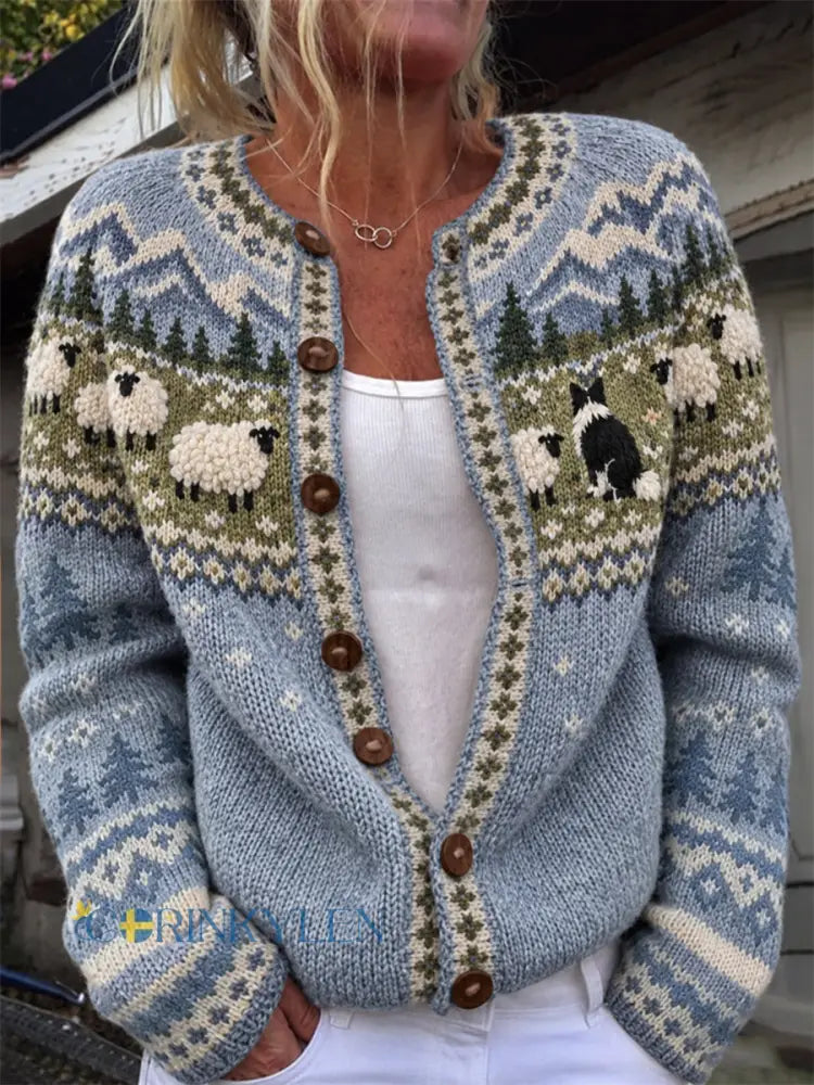 Kvinnors Vintage gräns Collie & Fuzzy Får landskap Isle Print Cardigan-Style Stick Jacka - ljusblåa / S