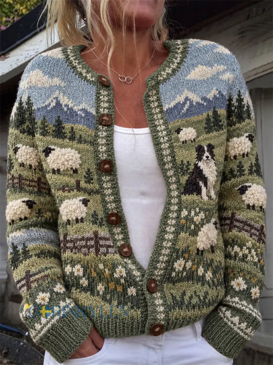 Kvinnors Vintage gräns Collie & Fuzzy Får landskap Skriv ut Cardigan-Style jacka - grönt / S