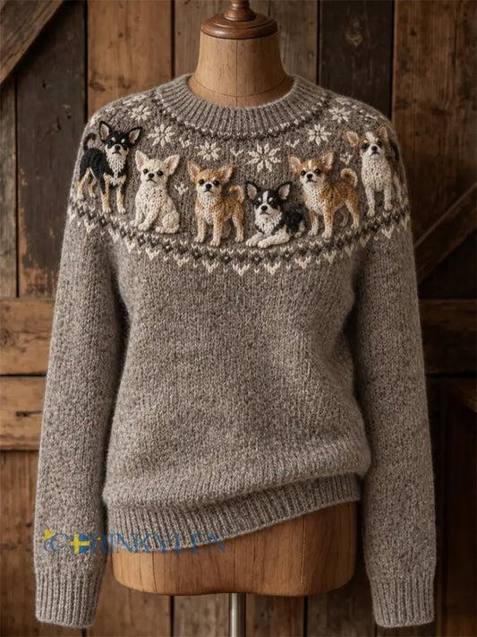 Kvinnors Vintage Härliga Chihuahua hundar Yoke Isle Print besättning hals tröjar - grå brun / S