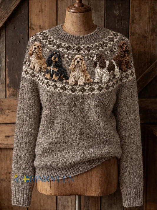 Kvinnors Vintage Härliga Cocker Spaniel Dogs Yoke Isle Print besättning hals tröjar - brun / S