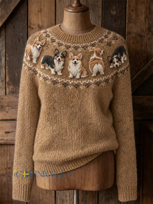 Kvinnors Vintage Härliga Corgi hundar Yoke Isle Print besättning hals tröjar - Khaki / S