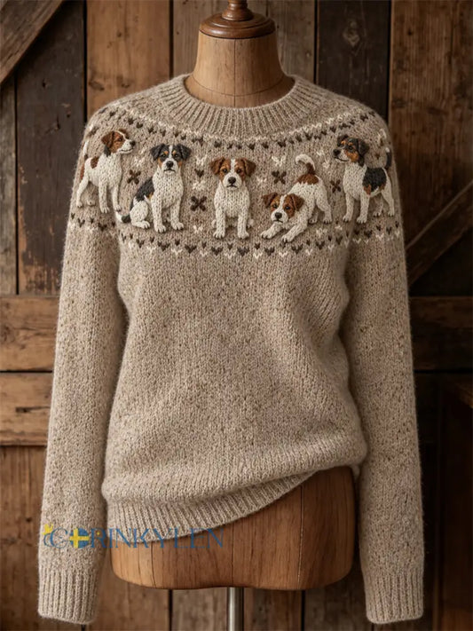Kvinnors Vintage Härliga Jack Russell Dogs Yoke Isle Print besättning hals tröjar - Khaki / S
