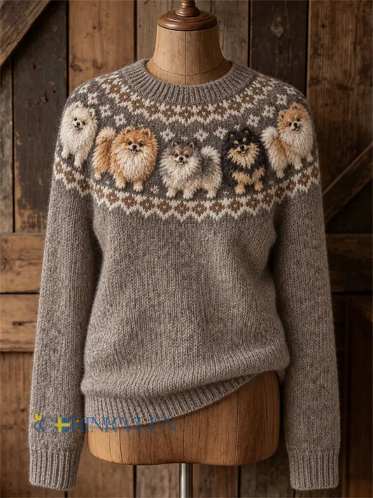 Kvinnors Vintage Härliga Pomeranian Hundar Yoke Isle Print besättning hals tröjar - grå brun / S
