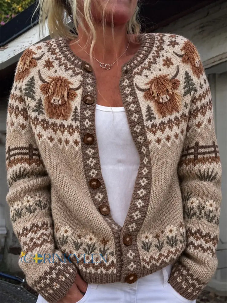 Kvinnors Vintage Highland Cows gård Floral Isle Mönster Cardigan-Style jacka - Khaki / S