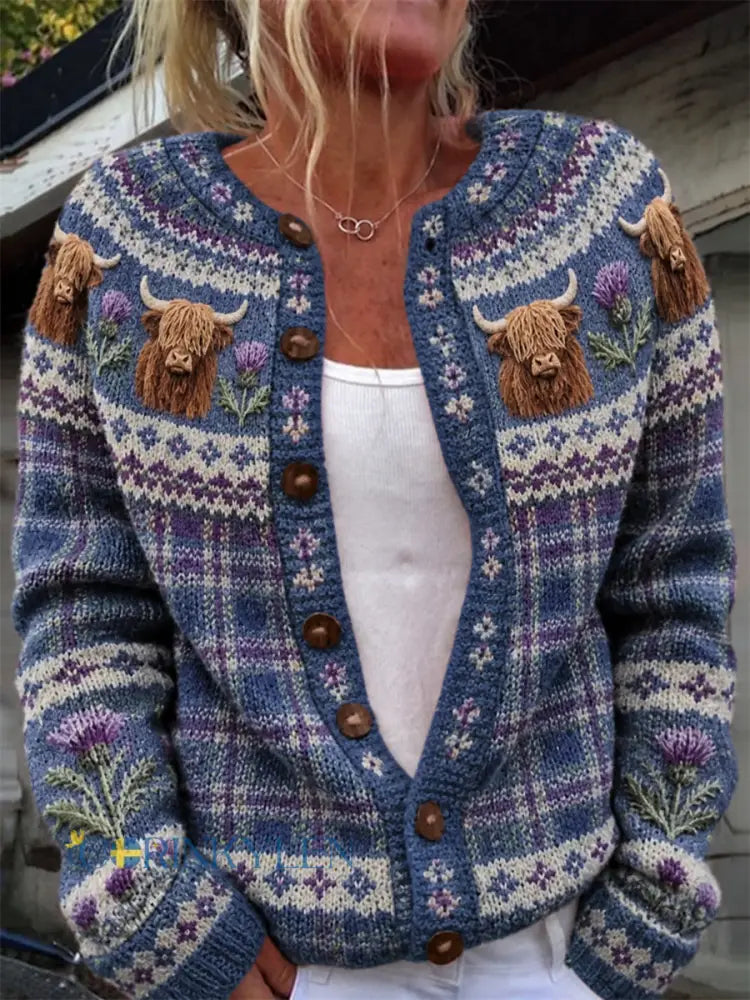 Kvinnors Vintage Highland Cows Skottland Thistle Tartan Isle Mönster Cardigan-Style jacka - djupblåa / S