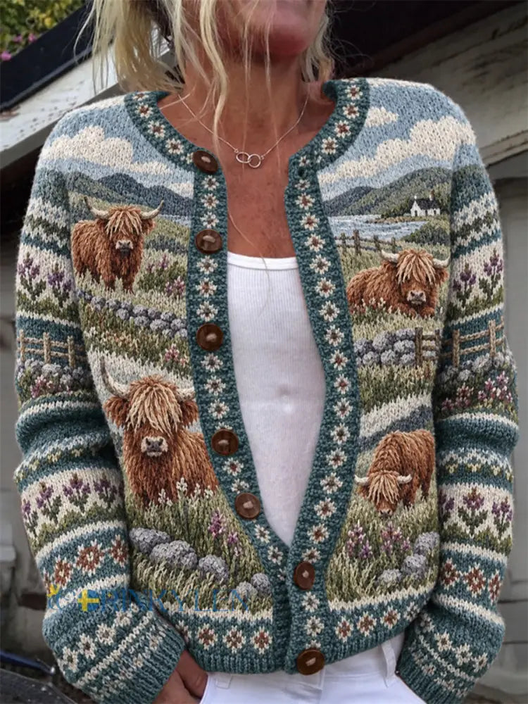 Kvinnors Vintage Highland kor Landskap Is Mönster Cardigan-Style Sticka jacka - blågrön / S