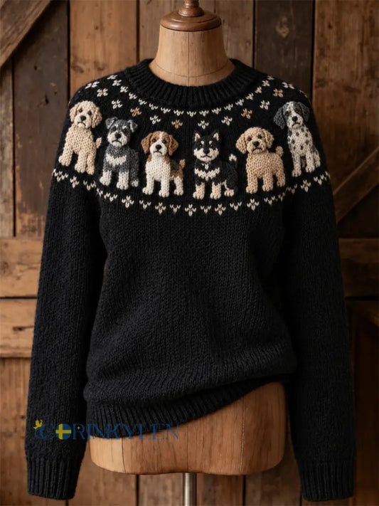 Kvinnors Vintage hundar Yoke Isle Mönster Skriv ut besättning hals tröjar - svart / S