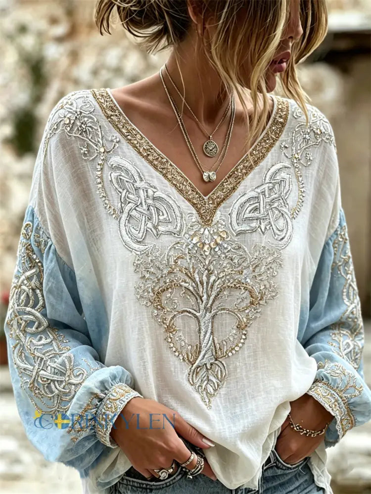 Kvinnors Vintage keltiska träd av livet Glitter Skriv ut kontrast bomull-Linen tröja - vitt / S