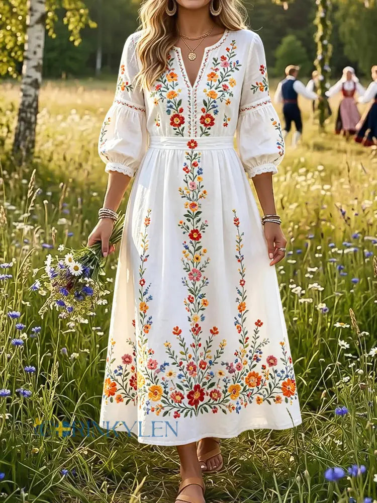 Kvinnors Vintage land blomsterkonst V-hals klänning - flerlog / S