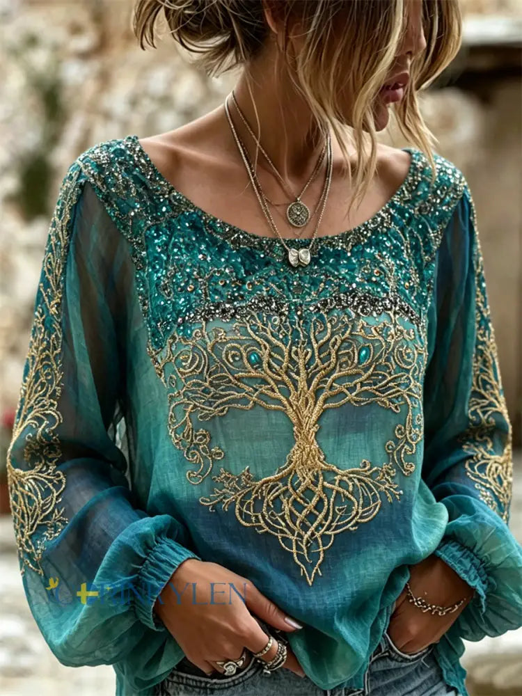 Kvinnors Vintage Mystical Viking träd av livet Glitter Skriv ut bomull-Linen tröj - blågrön / S
