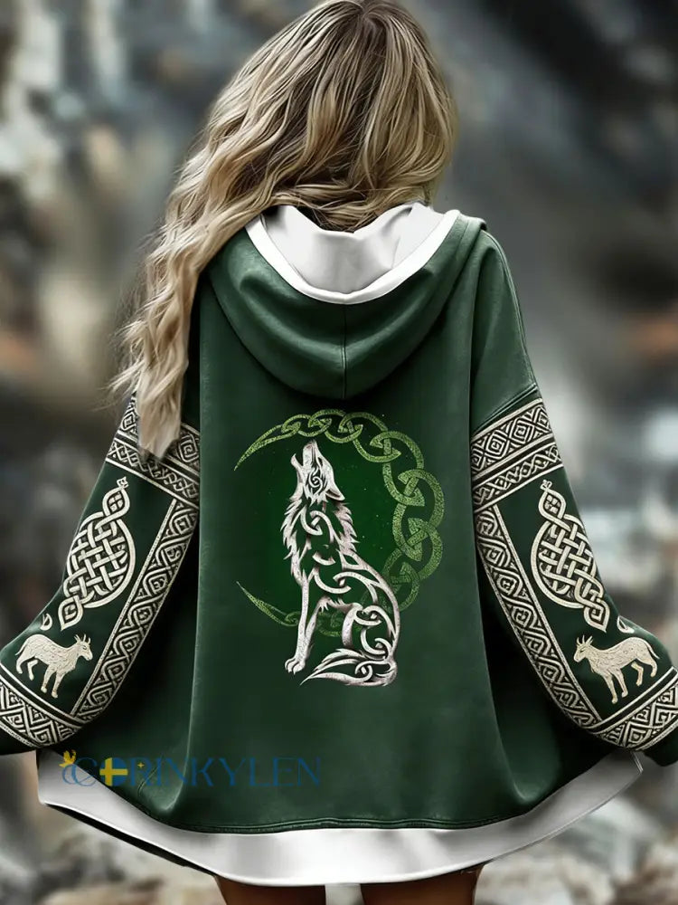 Kvinnors Vintage Nordic Wolf Totem Casual Hooded Jacka - flerlog / S