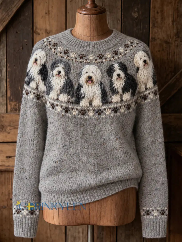Kvinnors Vintage Old Engelska Sheepdogs Yoke Isle Print besättning hals tröjar - grå / S