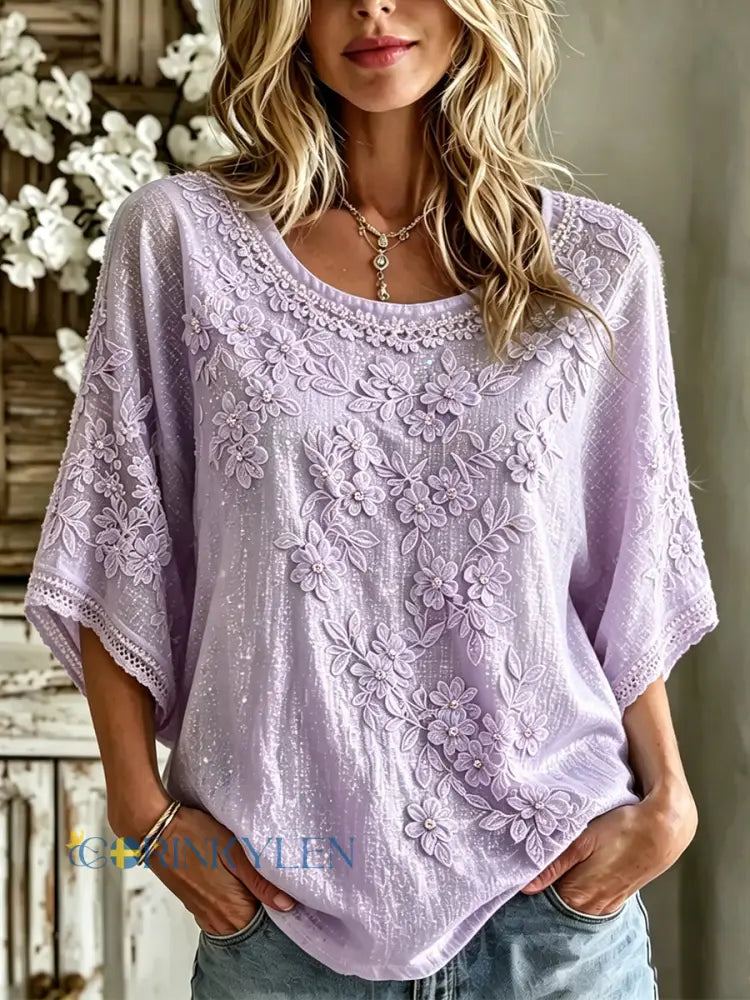 Kvinnors Vintage Purple Floral Art Skriv ut rund hals lin tunik - lavendel / S