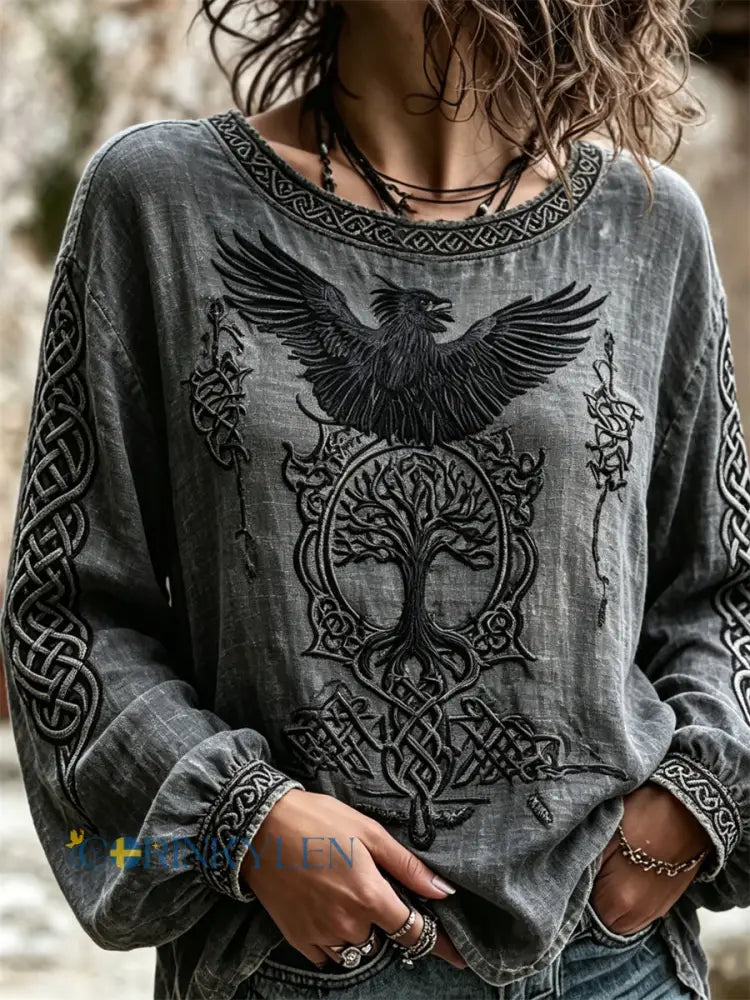 Kvinnors Vintage Raven Viking träd liv keltiska tryck bomull-Linen tröj - mörk grå / S