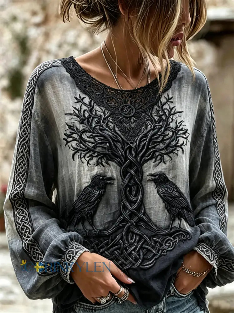 Kvinnors Vintage Ravens Viking träd av livet keltisk knop Print bomull-Linen tröja - grå / S