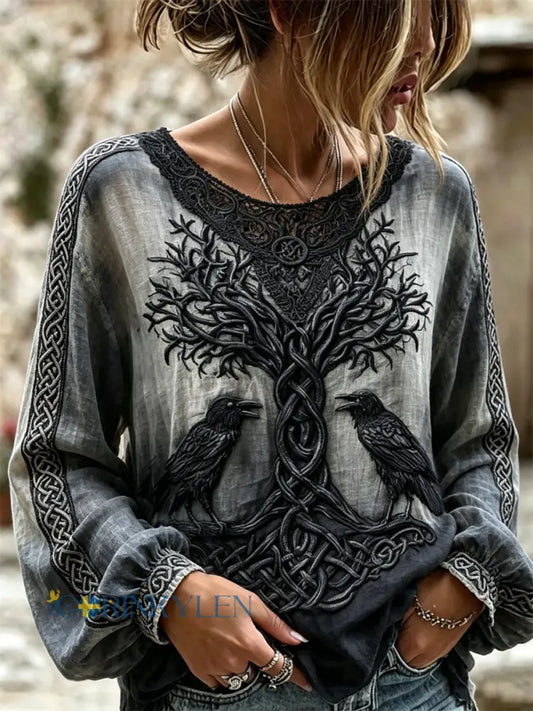 Kvinnors Vintage Ravens Viking träd av livet keltisk knop Print bomull-Linen tröja - grå / S