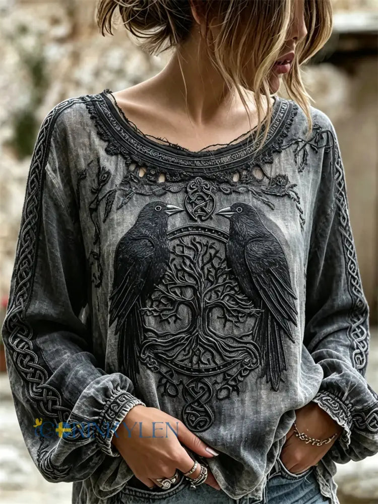 Kvinnors Vintage Ravens Viking träd av livet keltiska tryck bomull-Linen tröj - grå / S