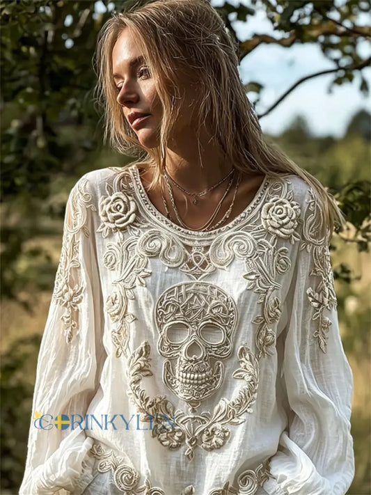 Kvinnors Vintage Skull & Rosor Viking Celtic Knop Skriv ut bomull-Linen skjorta - vitt / S