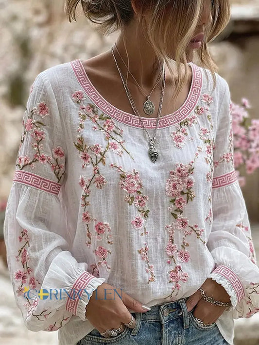 Kvinnors Vintage-stil Casual bomull-Linen topp med broderad blomster och tryckt lappark - A / S