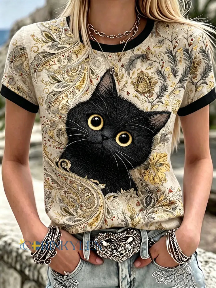Kvinnors Vintage svart katt konst lin rund hals korta ärmar topp - som bild / S