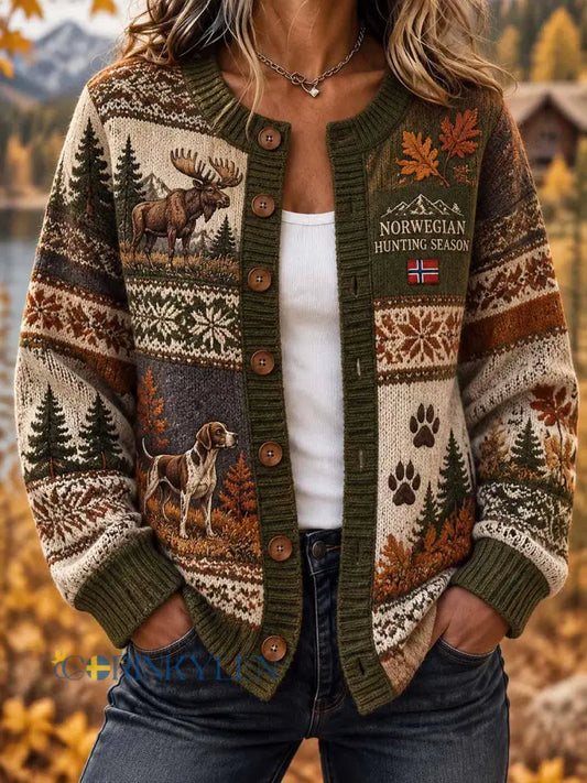 Kvinnors Vintage Traditionella jakt mönster Skriv ut Cardigan - som bild / S