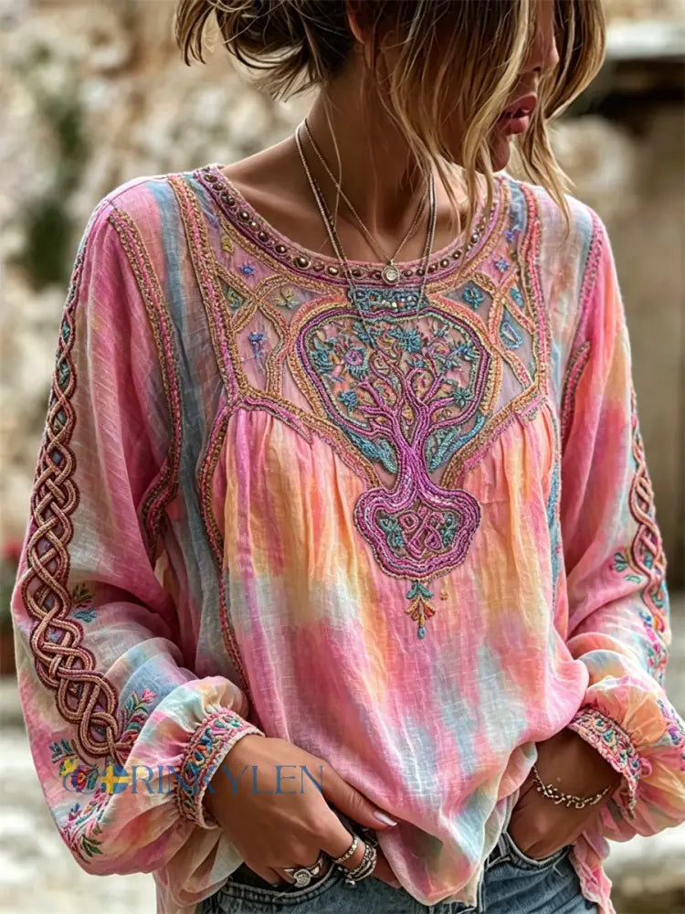 Kvinnors Vintage träd av livet Boho Floral Print Gradient Färgad bomull-Linen tröj - korallpulver / S