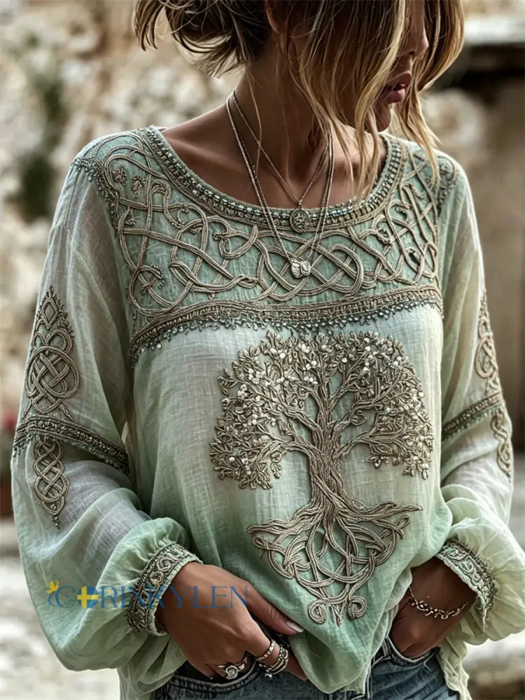 Kvinnors Vintage träd av livet viking keltiska tryck bomull-Linen tröj - grönt / S