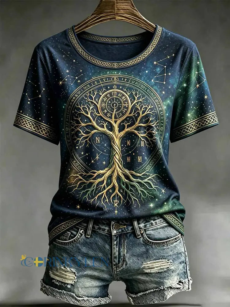 Kvinnors Vintage Träd liv Zodiac Skriv ut T-shirt - som bild / S