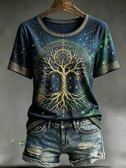 Kvinnors Vintage Träd liv Zodiac Skriv ut T-shirt - som bild / S