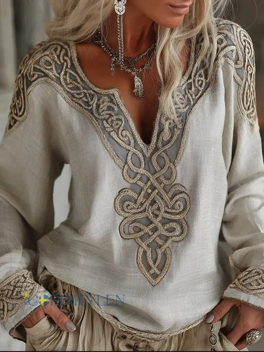 Kvinnors Vintage Viking Celtic Knop broderad konst mysig lin tröj - vitt / S