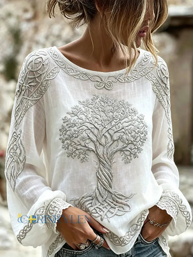 Kvinnors Vintage Viking Glitter Träd av livet keltisk Print bomull-Linen tröj - vitt / S