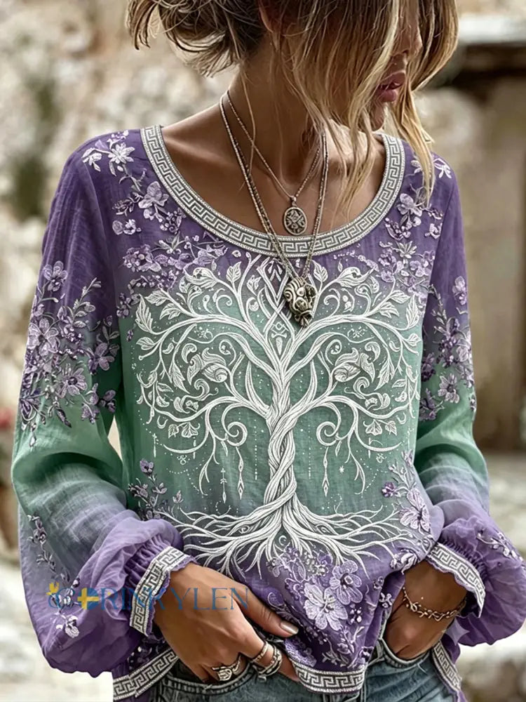 Kvinnors Vintage Viking inspirerad keltiska träd av livet Print bomull-Linen tröj - mörkt / S