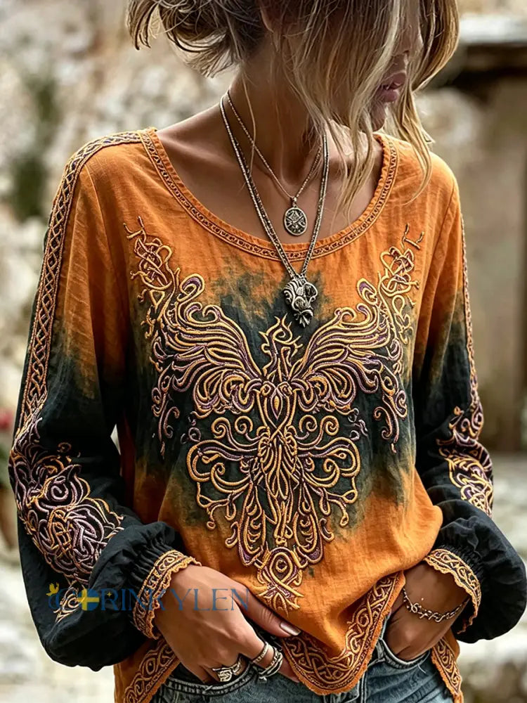 Kvinnors Vintage Viking Keltiska Phoenix Konst mönster Skriv ut bomull-Linen skjorta - oräng / S