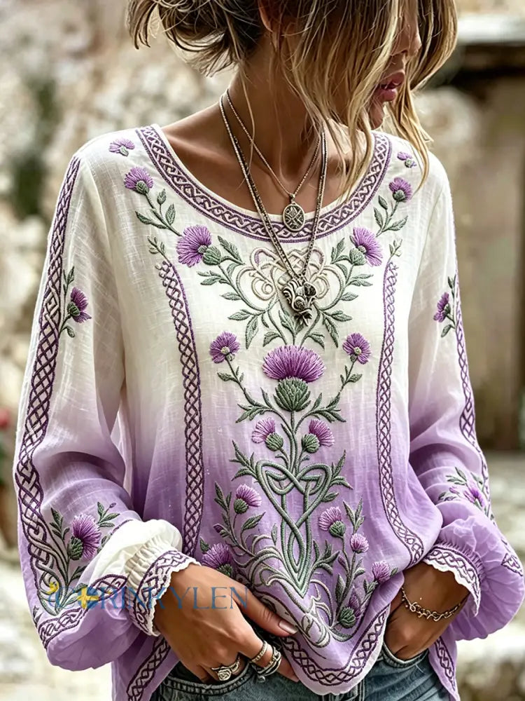 Kvinnors Vintage Viking Keltiska skotska Thistle Print Gradient bomull-Linen skjorta - mörkt / S