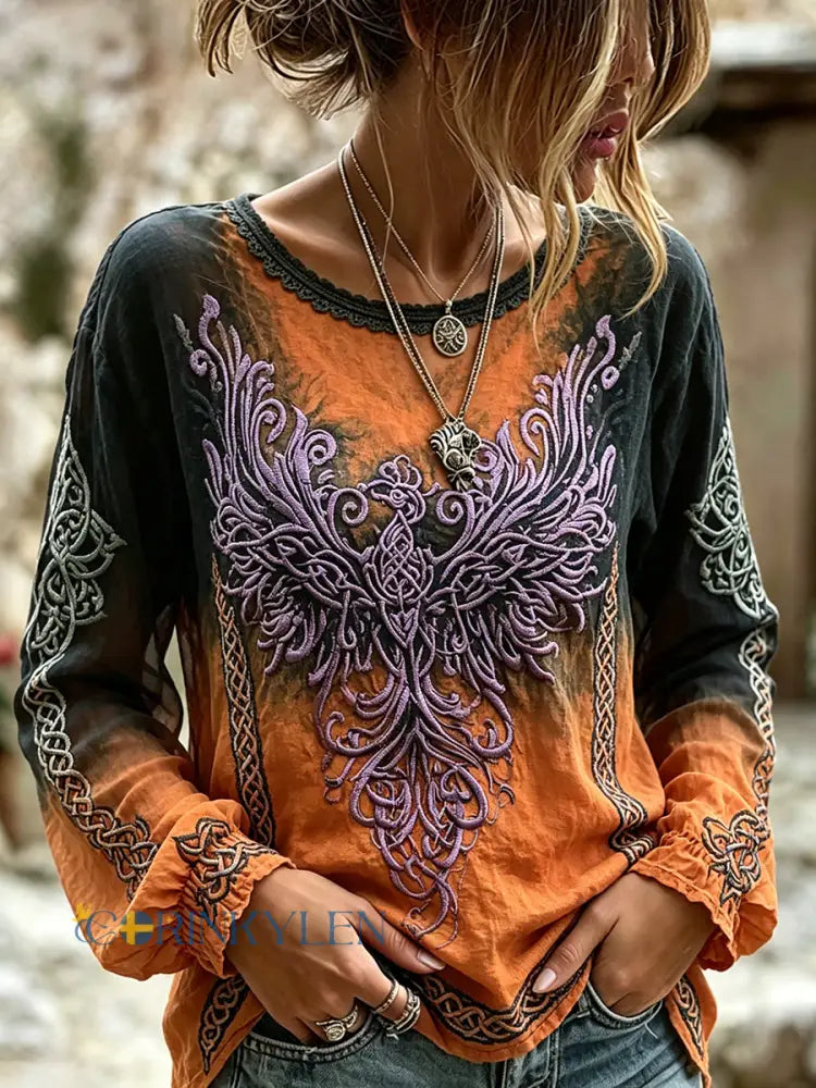 Kvinnors Vintage Viking Phoenix konst Celtic Print bomull-Linen skjorta - oräng / S