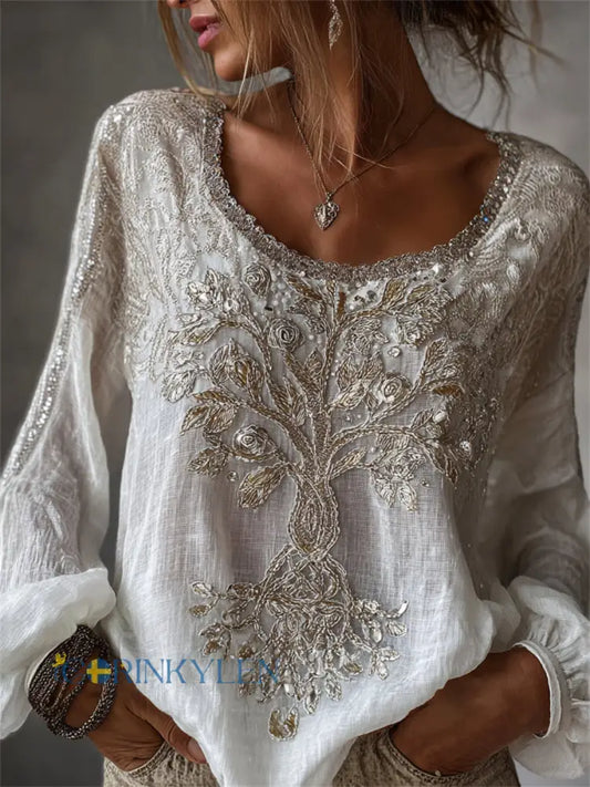 Kvinnors Vintage Viking träd av livet Glitter Floral Print bomull-Linen tröj - vitt / S