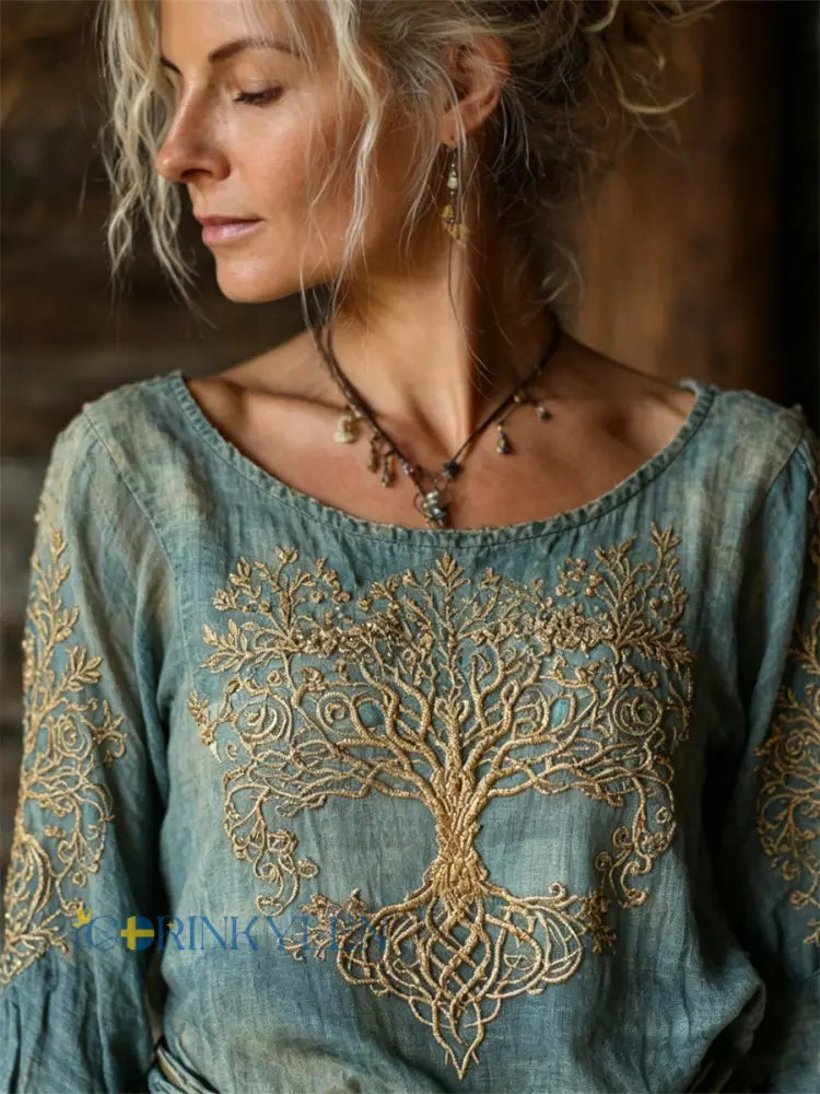 Kvinnors Vintage Viking träd av livet Print färgad bomull-Linen tröj - blå / S