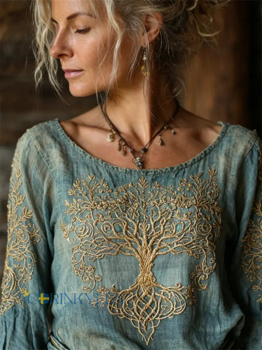 Kvinnors Vintage Viking träd av livet Print färgad bomull-Linen tröj - blå / S