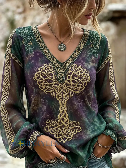 Kvinnors Vintage Viking träd liv keltiska tryck bomull-Linen tröj - djup purpura / S