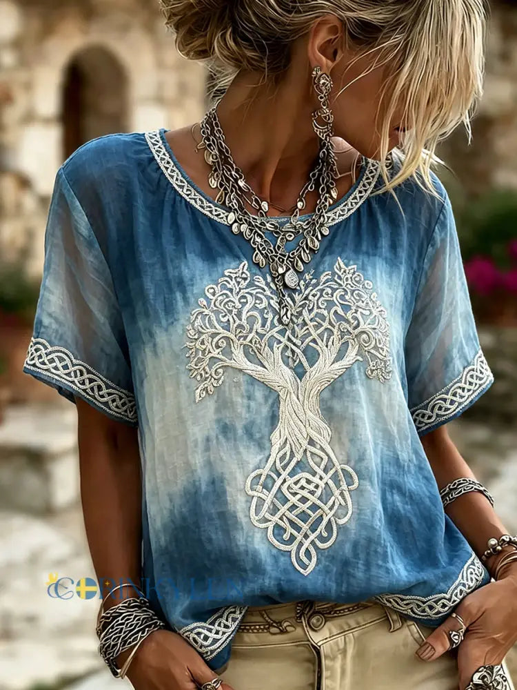 Kvinnors Vintage Viking Tree Life Celtic Print Gradient Linen Korttet T-shirt - blå / S