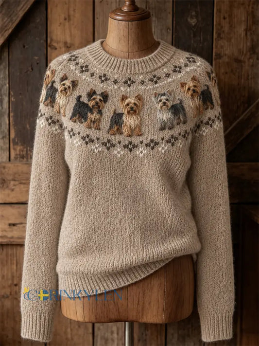 Kvinnors Vintage Yorkie Hundar Joke Isle Mönster Print besättning hals tröjar - Khaki / S