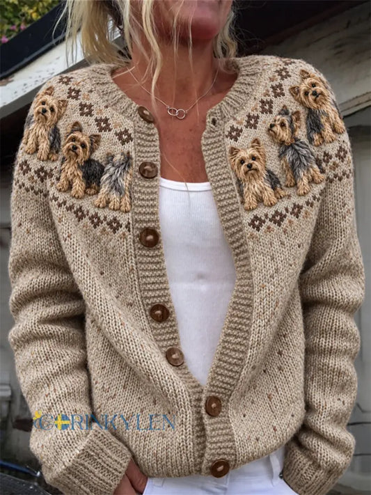 Kvinnors Vintage Yorkie Hundar Joke Isle Print Cardigan-stil sticka jacka - Khaki / S