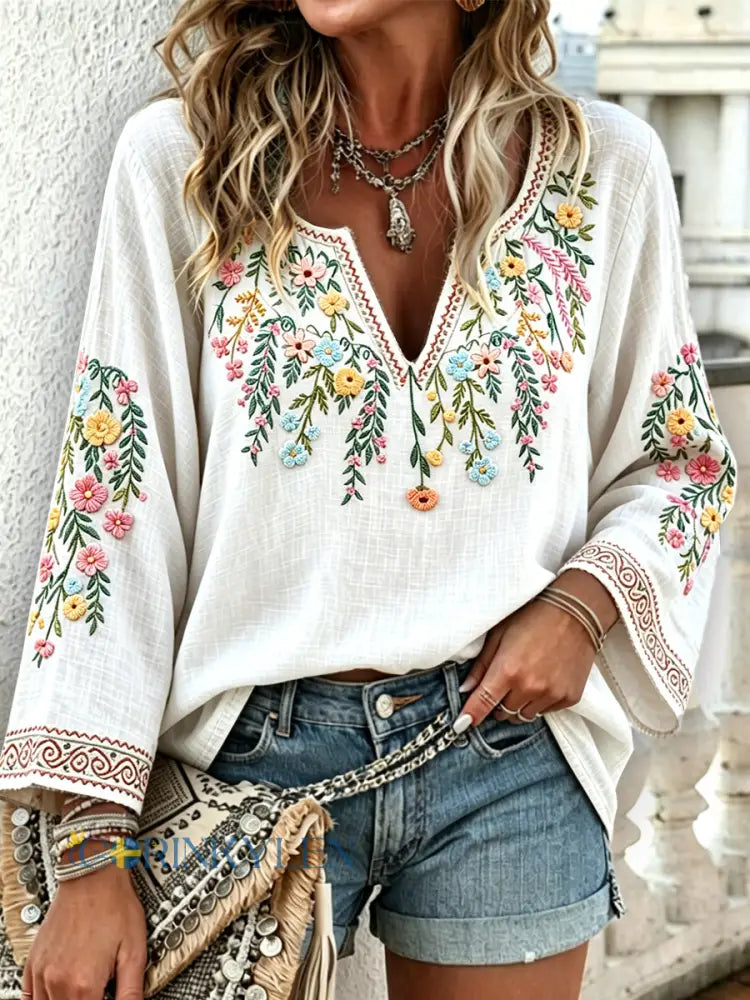 Kvinnors Vit Midsommar Floral Print Casual V-hals Långärm T-shirt - vitt / S