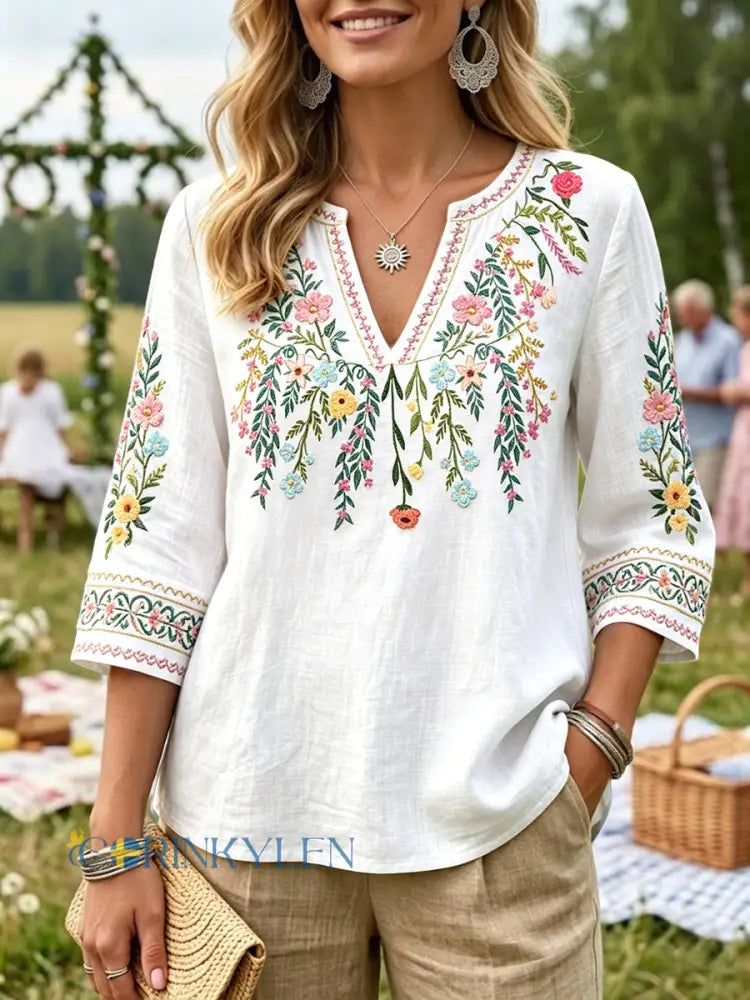 Kvinnors Vita Midsommar Floral Print Casual V-hals Bomull-Linen T-shirt - vitt / S