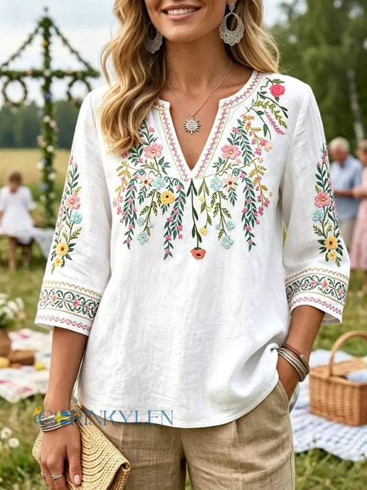 Kvinnors Vita Midsommar Floral Print Casual V-hals Bomull-Linen T-shirt - vitt / S